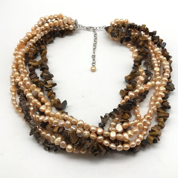 925 Sterling Silver Vintage Multi-Strand Gemstone Pearl Tiger's Eye Necklace - Picture 1 of 10